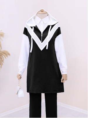 Glittery Knitwear Detailed Half-Zip Ayrobin Suit -Black