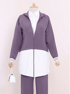 Zippered High Collar Garnish Suit -Cherry Color