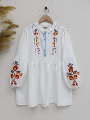Embroidered Lace-up Tunic on Sleeves and Collar -White
