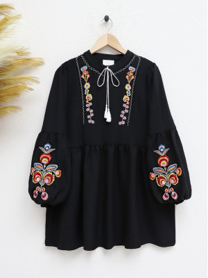 Embroidered Lace-up Tunic on Sleeves and Collar -Black