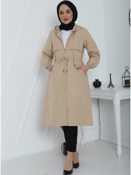 Top Double Layer Hooded Coat -Mink color