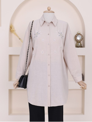 Stone Embroidered Thin Linen Shirt -Mink color