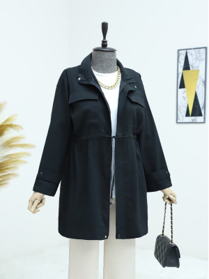 Laced Waist Zippered Trench Coat -Black
