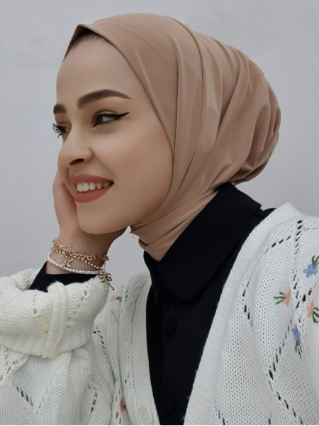 Sendy Kumaş Çıtçıtlı Hijab Şal -Vizon