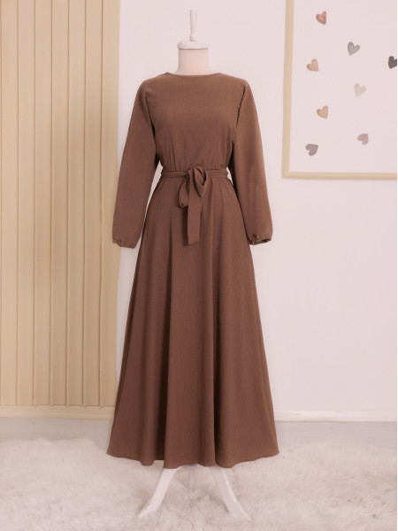 Elastic Waist and Arm Crinkle Dress -Brown