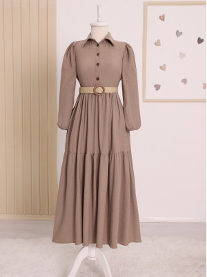 Pieced Half Button Belted Crinkle Dress -Mink color