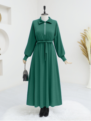 Half Zipper Polo Neck Waist Lace Dress -Emerald