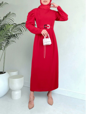 Watermelon Sleeve Buckle Belted Dress -Red