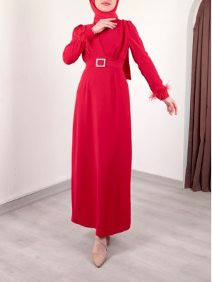 Buckled Belt Sleeve Feather Detailed Front Double Layer Dress -Red