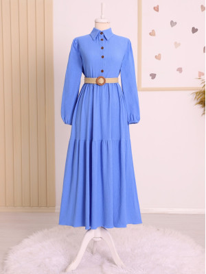 Pieced Half Button Belted Crinkle Dress -Blue