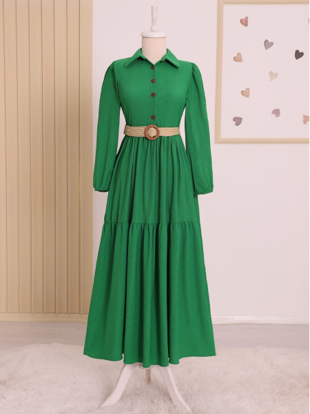 Pieced Half Button Belted Crinkle Dress -Green
