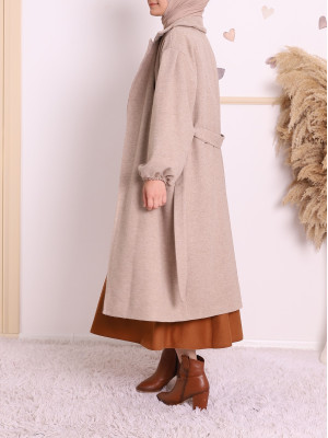 Elastic Sleeve Lace-Up Winter Hijab Cachet Coat -Stone