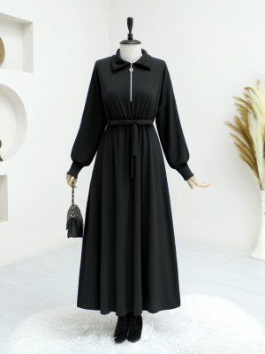 Half Zipper Polo Neck Waist Lace Dress  -Black