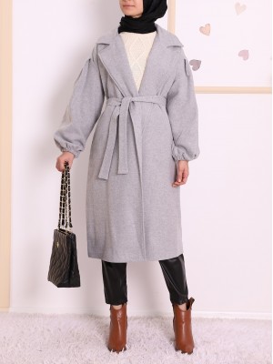 Elastic Sleeve Lace-Up Winter Hijab Cachet Coat - Light grey