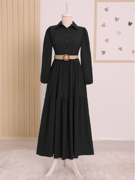 Pieced Half Button Belted Crinkle Dress -Black