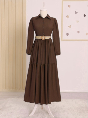 Pieced Half Button Belted Crinkle Dress -Brown