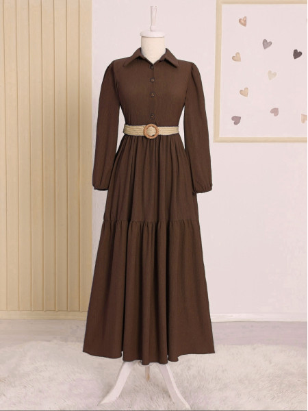 Pieced Half Button Belted Crinkle Dress -Brown