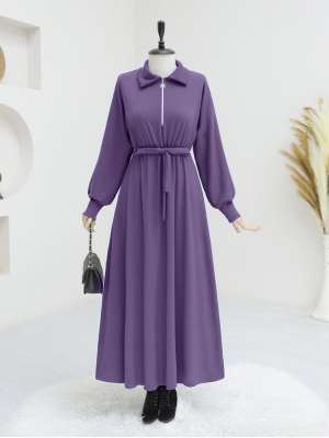 Half Zipper Polo Neck Waist Lace Dress  - Purple