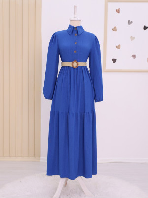 Parçalı Yarım Düğmeli Kemerli Krinkıl Elbise  -Koyu Mavi
