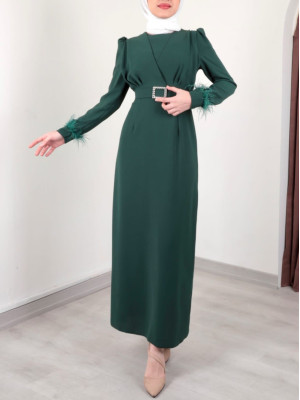 Buckled Belt Sleeve Feather Detailed Front Double Layer Dress -Emerald