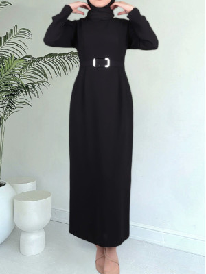 Karpuz Kol Tokalı Kemerli Elbise -Siyah