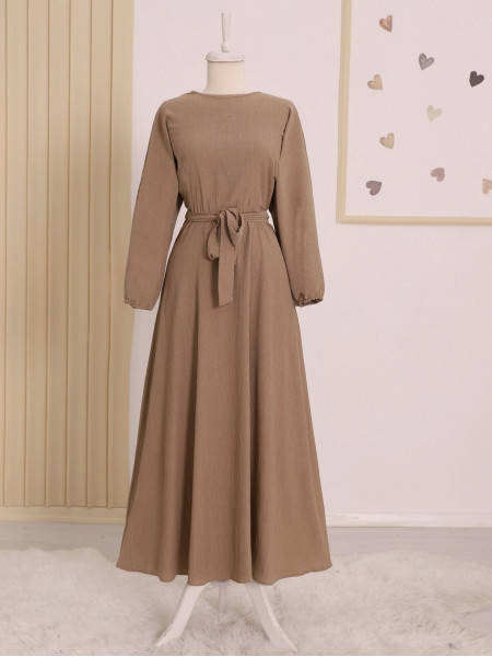 Elastic Waist and Arm Crinkle Dress -Mink color