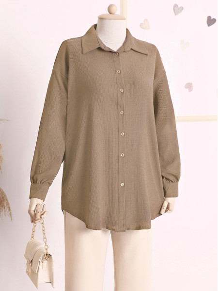 Button Down Back Long Crinkle Shirt Tunic -Mink color