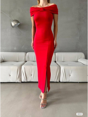 Kurdale Yaka Yırtmaçlı Boydan Elbise -Red