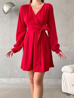 Beli Bağıcıklı Kruvaze Yaka Elbise -Red