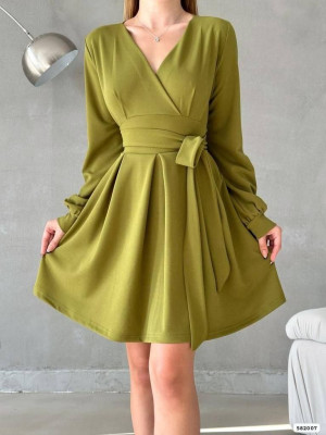 Beli Bağıcıklı Kruvaze Yaka Elbise -Oil Green