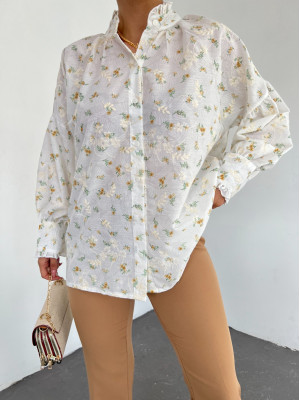 Stand Up Collar Button Down Embroidered Shirt -Yellow