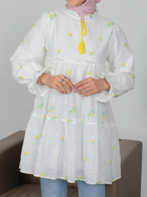 Frilly Collar Laced Floral Embroidered Pieced Tunic -Yellow