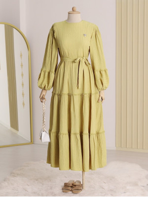 Pieced Brooch Detailed Sleeve Elastic Dress -Mustard