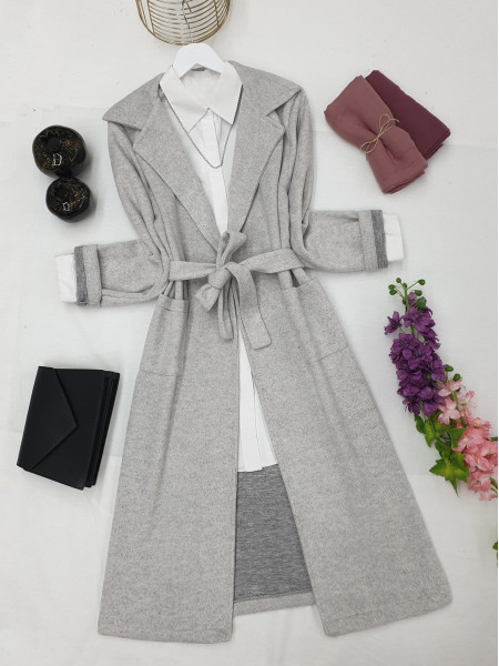 Shawl Collar Double Pocketed Waistband Cachet Coat -Grey