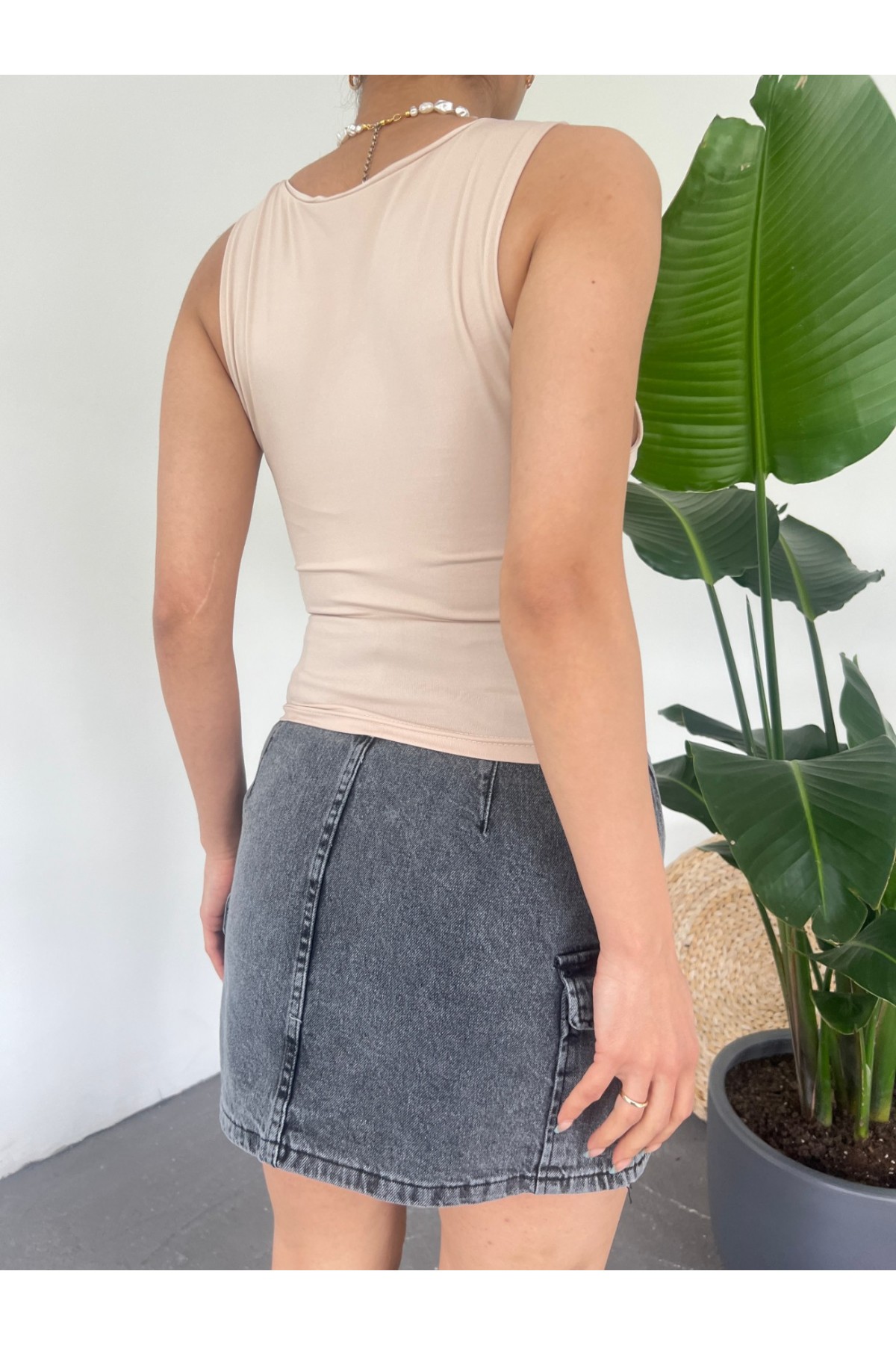 Sıfır Kol Crop Tişort -Vizon