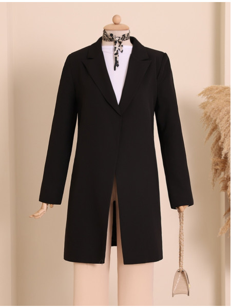 Thick Belted Inner Single Button Long Jacket  -Black