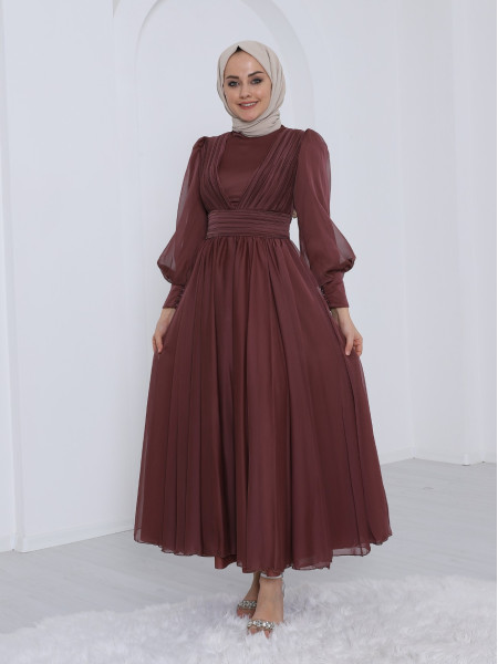 Chiffon Evening Dress with Front Drape Detailed Sleeve Buttons -Dried rose