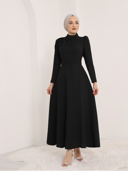 Shoulder Bead Detailed Belted Evening Dress -Black