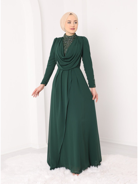 Sleeve and Front Pearl Stone Detailed Evening Dress -Emerald