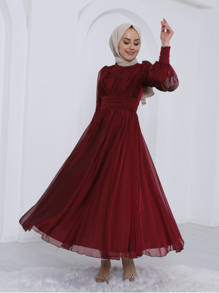 Chiffon Evening Dress with Front Drape Detailed Sleeve Buttons -Maroon