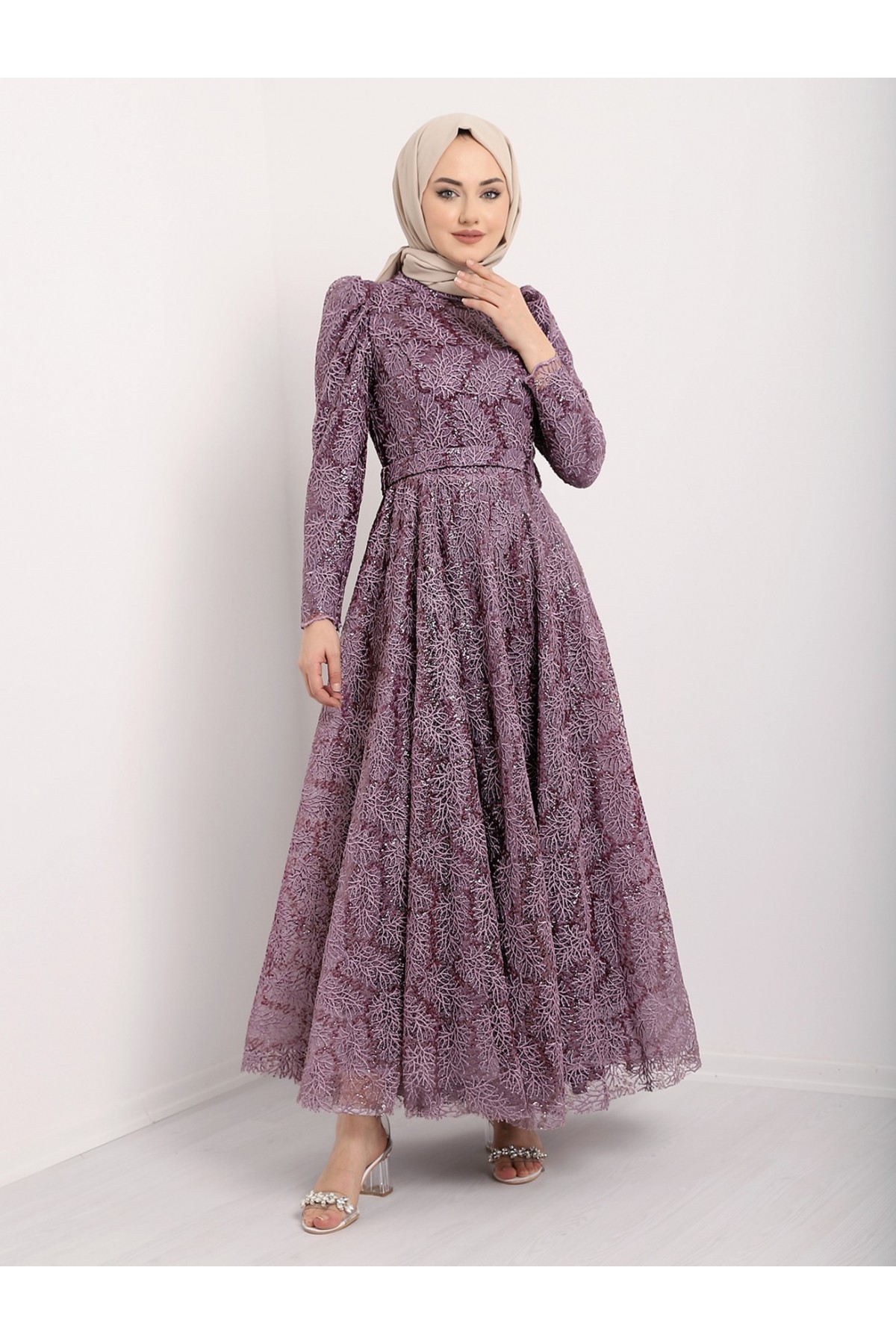 Zippered Arm Belted Sequin Embroidered Evening Dress - Purple