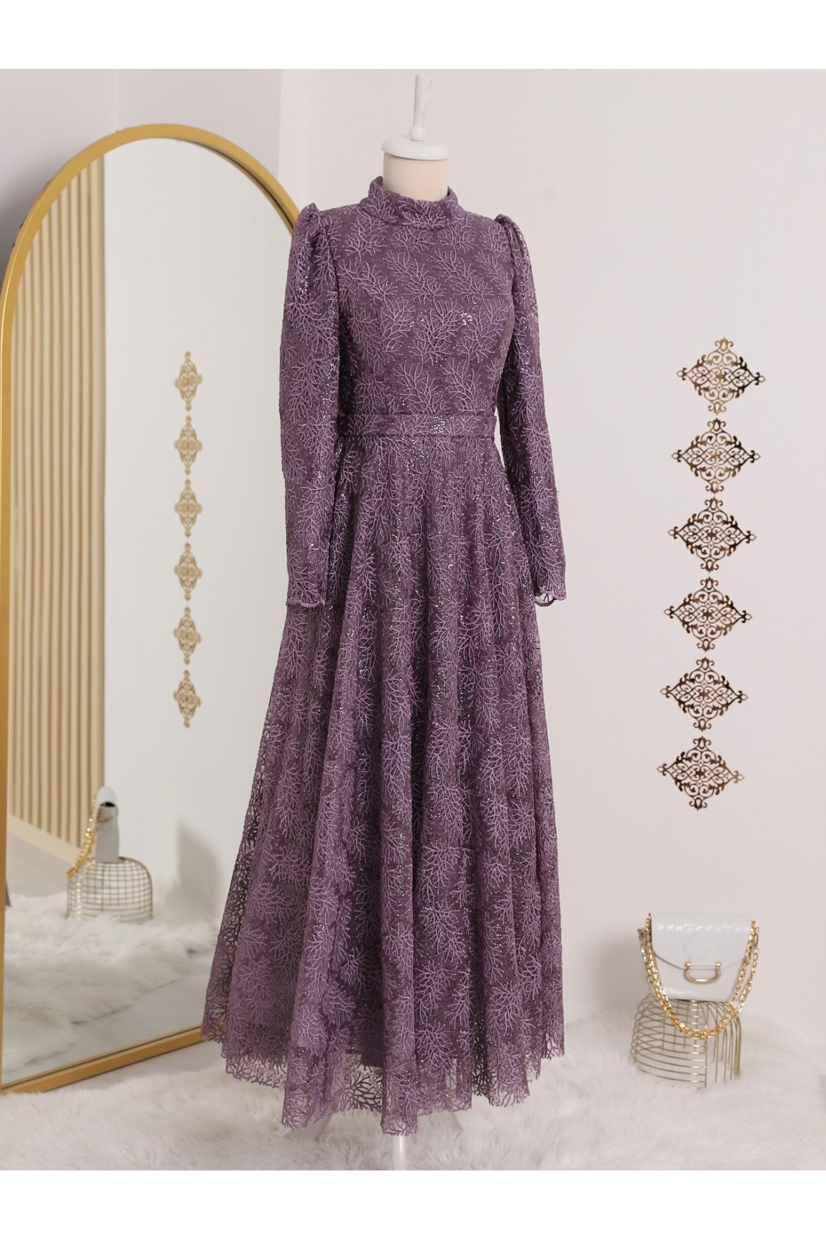 Zippered Arm Belted Sequin Embroidered Evening Dress - Purple
