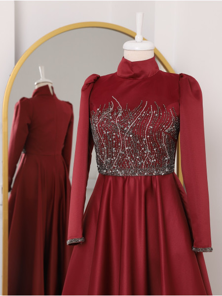 Judge Collar Front Stone Detailed Back Long Evening Dress -Maroon