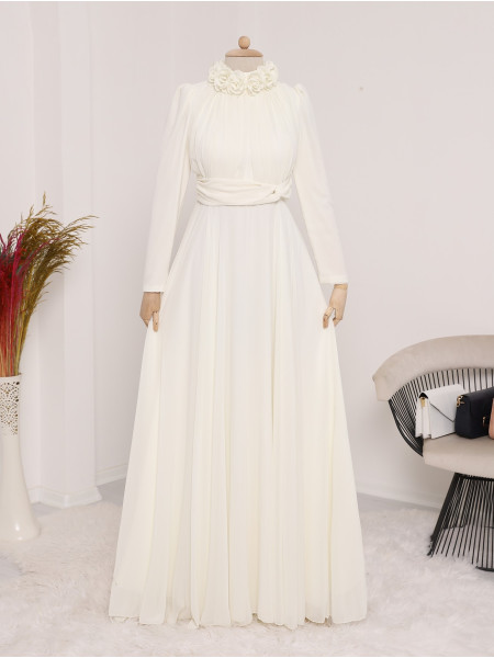 Rose Detailed Waist Belted Chiffon Evening Dress -Ecru