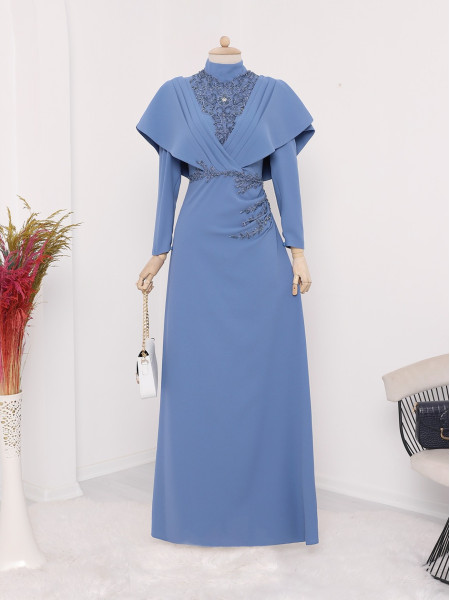 Waist and Front Embroidered Draped Evening Dress -İndigo