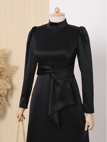 Judge Collar Belt Detailed Sleeve Buttoned Evening Dress -Black