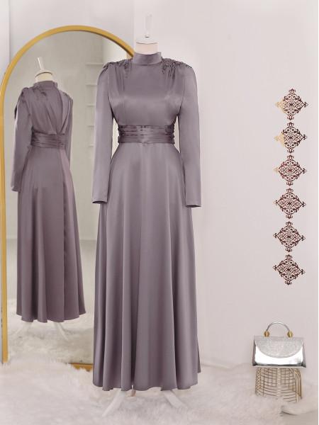 Judge Collar Shoulder Bead Detailed Embroidered Evening Dress -Lilac