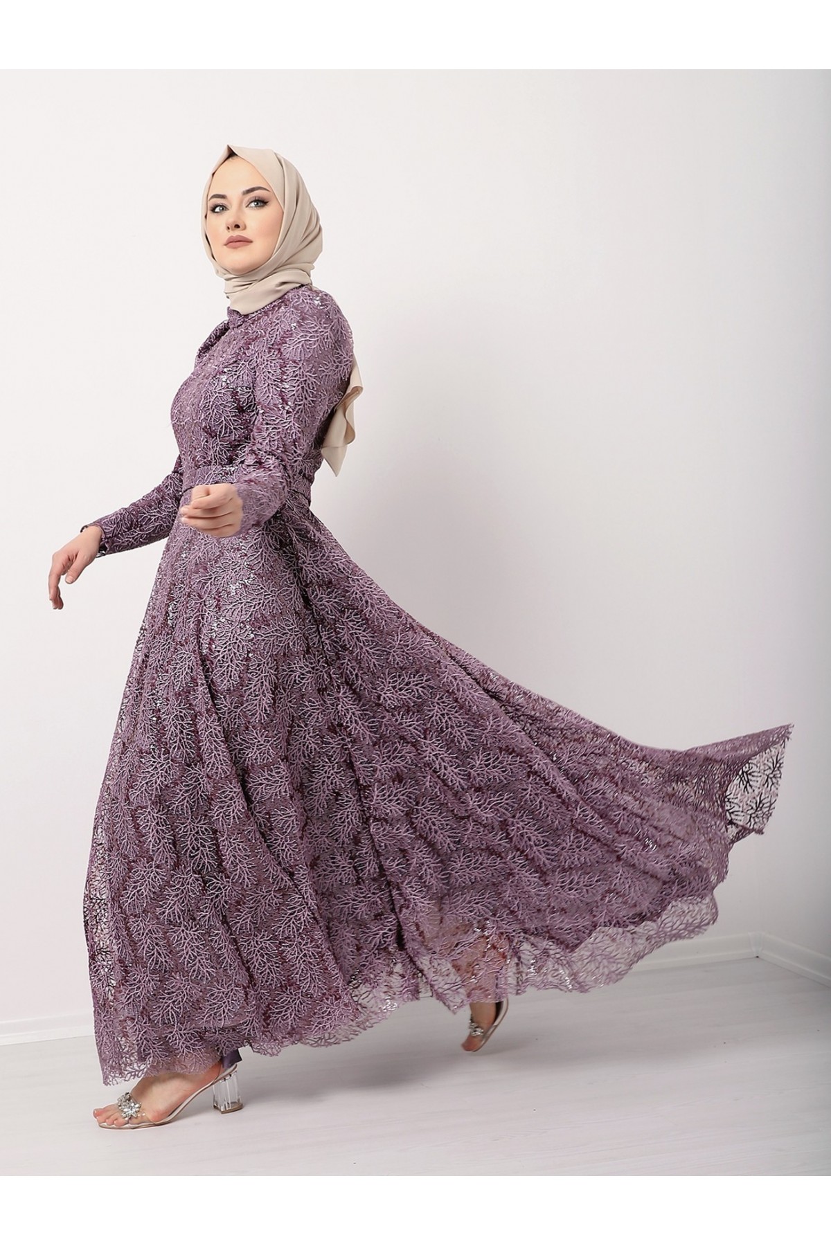 Zippered Arm Belted Sequin Embroidered Evening Dress - Purple