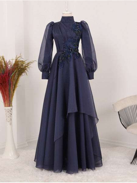 Stone Embroidered Sleeve Buttoned Evening Dress -Navy blue