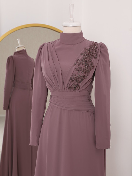 Judge Collar Waist Draped Embroidered Evening Dress -Dried rose